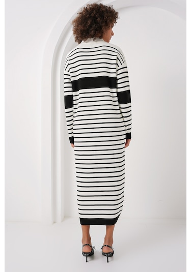 Bigdart 15898 Çizgili Uzun Triko Elbise - D. Siyah