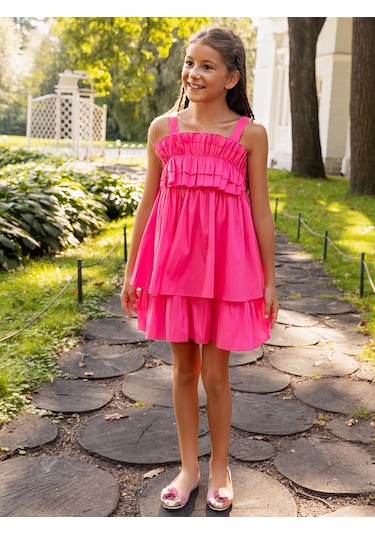 Sheshe Fırfır Göğüs Detaylı Pembe Askılı Kız Çocuk Elbise Renkli