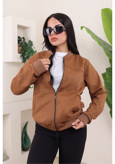 Bomber Kolej Su Geçirmez Ceket Kahverengi Süet