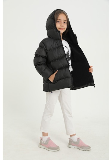 Kız Çocuk Siyah İçi Polarlı Kapüşonlu Su Geçirmez Rüzgara Dayanıklı Cepli Şişme Kışlık Mont Siyah