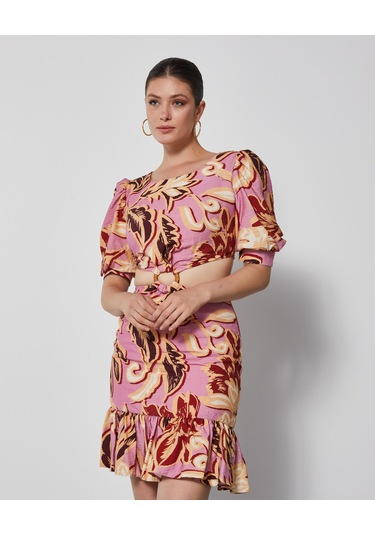 Desenli Kadın Mini Elbise - Pencere Detaylı - Modern Ve Şık - Günlük Ve Özel Günler İçin Elbise Pembe