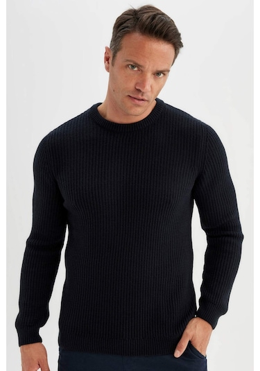 Defacto Standart Fit Normal Kesim Bisiklet Yaka Dokulu Triko Kazak C8814AX24WNNV64 Lacivert