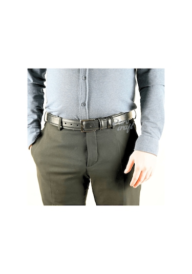 Hakiki Deri Erkek Kemer 3,5cm Dikişli Siyahklasik Kumaş Pantolon Siyah