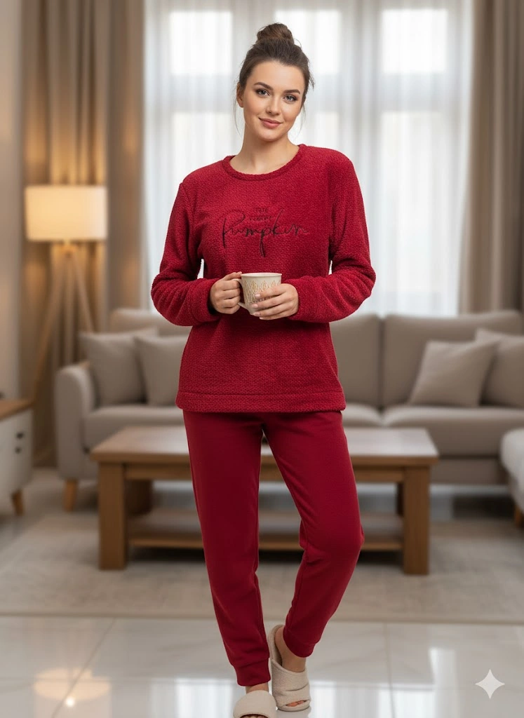 Kadın Bordo Polar Pijama Takım Kırmızı
