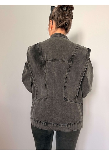 Antrasit Omuz Detaylı Tasarım Denim Ceket Antrasit