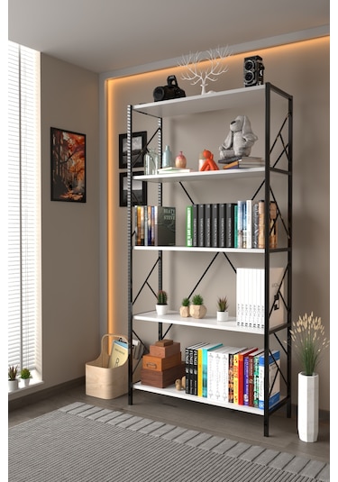 5 Raf Dekoratif 180 Cm Kitaplık Beyaz