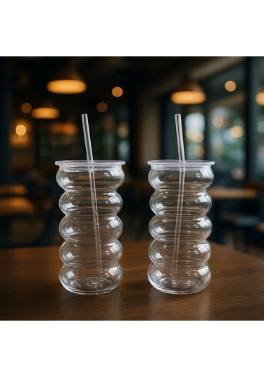 Wavecup Şeffaf Kapaklı Pipetli Cam Bardak Soğuk Kahve Limonata