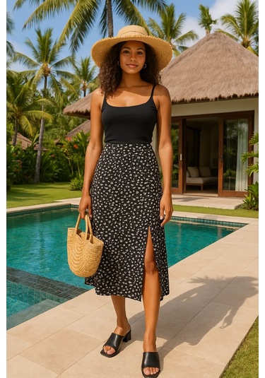 Kev Yazlık Yırtmaçlı Midi Etek 446077333 Siyah Melanj