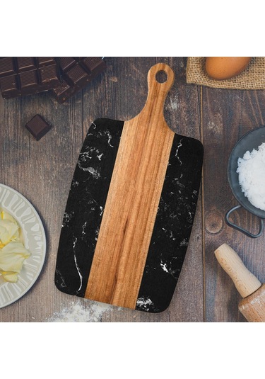 Suntek Kesme Tahtası Ahşap Mermer Barbekü Servis Çok Amaçlı Siyah