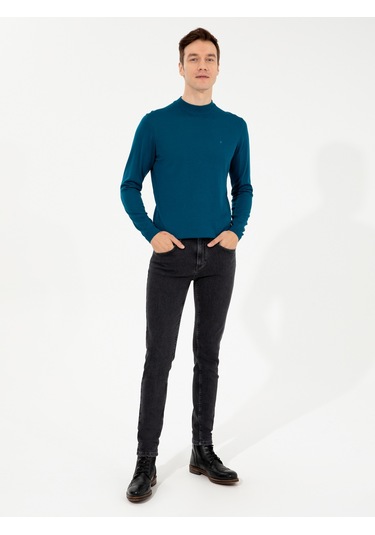 Cacharel Petrol Slim Fit Çeyrek Balıkçı Yaka Basic Triko Kazak