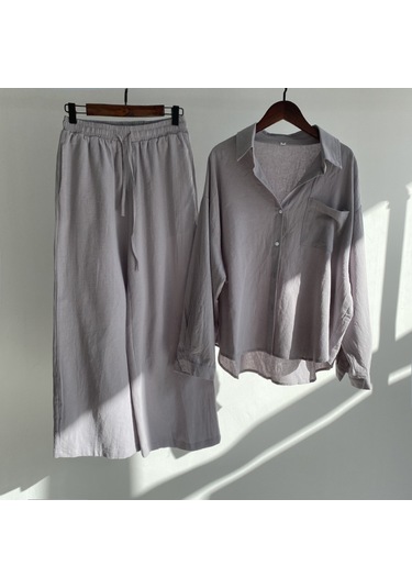 Pamuk-Keten Görünümlü Takım Açık Gri