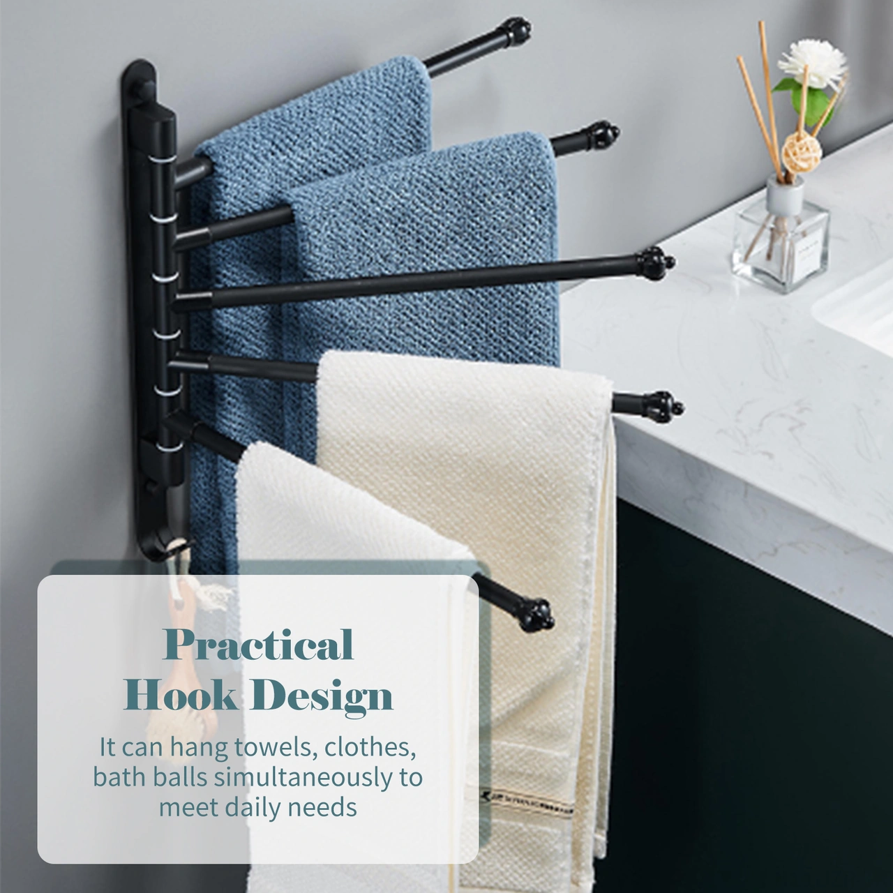 Geeroyoo Siyah Alüminyum 5 Çubuklu 180 Dönebilen, Delme/delmesiz Montajlı, Kancalı Pratik Havlu Rafı 30cm Siyah