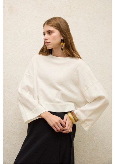 Manuka Pamuklu Geniş Kol Crop Bluz Ekru