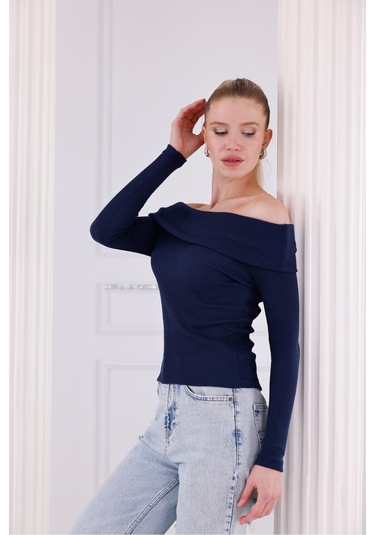 Madonna Yaka Uzun Kollu Fitilli Kadın Bluz Lacivert