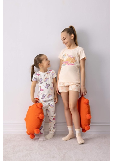 DeFacto Kız Çocuk Pijama Takımı Baskılı Kısa Kollu Üst Desenli Şort E6234A825SMOG96 Turuncu