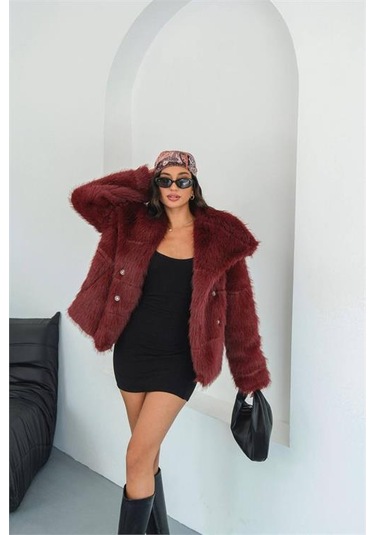 Neşeli Butik Kadın Bordo Astarlı Kürk Kaban Nbmylk32 Bordo