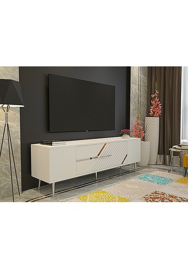 Ufa Tv Sehpası Tv Ünitesi 150 Cm Beyaz Gümüş