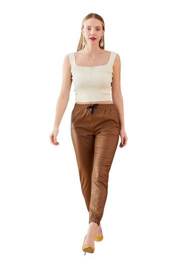 Paça Lastikli Deri Pantolon Taba