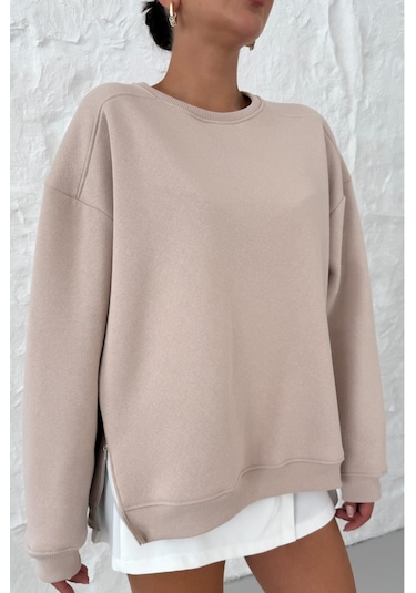 Modagen Kadın Bej Bisiklet Yaka Yanı Yarım Fermuar Detaylı Sweatshirt Bej