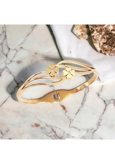 Yonca Temalı Kararmaz Anti Alerjik Gold Çelik Kelepçe Bileklik Şıklığınıza Şans Katın Altın