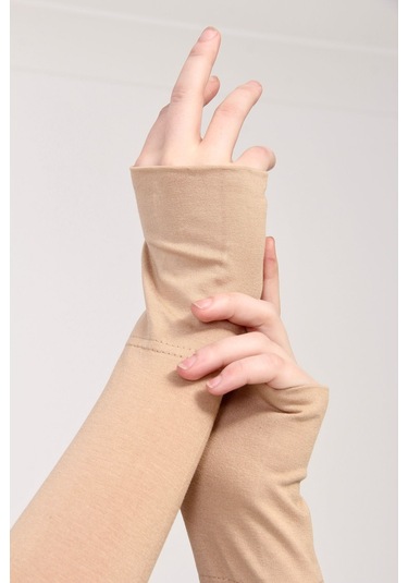 Parmak Geçmeli 45cm Likralı Penye Kolluk 1 Çift Bej