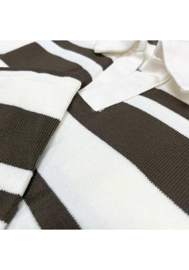 Fazra Erkek Polo Yaka Çizgili Triko Kazak 2025 Kahverengi