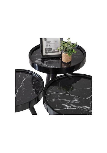 3'Lü Ahşap Yuvarlak Zigon Sehpa Siyah Içi Siyah Mermer Polen Lüx