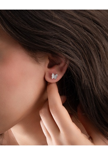 Roza Silver 925 Ayar Rodyum Zirkon Taşlı 3 Boyutlu Kelebek Çivili Gümüş Küpe Re10217