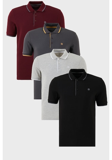 Buratti Pamuklu Slim Fit Şerit Detaylı Düğmeli Polo Yaka 4'Lü Paket Erkek T Shirt 5902118S4 Siyah-Vişne-Antrasit-Gri Melanj
