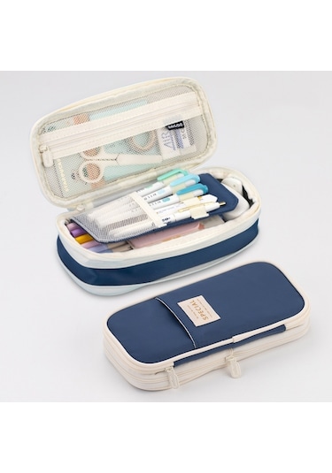 Angoo Macaron Çift Katmanlı Geri Çekilebilir Büyük Kapasiteli Kalem Kutusu Kırtasiye Kutusu Koyu Mavi