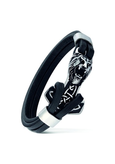 Erkek Çelik ve Deri Bileklik Aslan Ve Çapa Figürlü