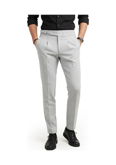 Deepsea Erkek Gri Likralı İtalyan Kesim Pileli Kemer Tokalı Şık Kumaş Pantolon 2601020 Gri