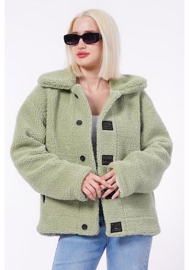 Madmext Yeşil Deri Detaylı Kadın Peluş Mont Mg2485 Yeşil