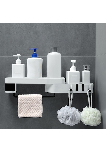 Hombey Duvar Monteli Dönerli 2 Katlı Depolama Rafı - Banyo/mutfak İçin Deliksiz Kurulum, Su Tüpü Ve Gizli Kanca Özellikli Plastik Organizer Beyaz - Siyah