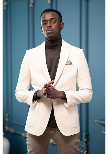 Apartro Regular Fit Mono Yaka Çift Yırtmaç Torba Cep Armürlü Tek Ceket Krem