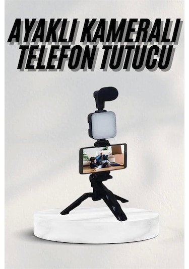 Telefon Tutucu Led Işıklı Kumandalı Mikrofon Telefon Vlog Video Kayıt