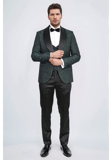 Dalgalı Desenli S Al Yaka Yelekli Yeşil Smokin - Wessi Yeşil