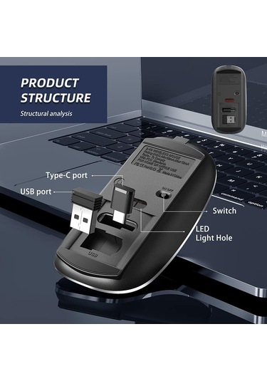 Kablosuz Fare Şarj Edilebilir Taşınabilir Sessiz Usb Type-c Çift Mod 3 Ayarlanabilir Dpı Q23s Siyah Diğer