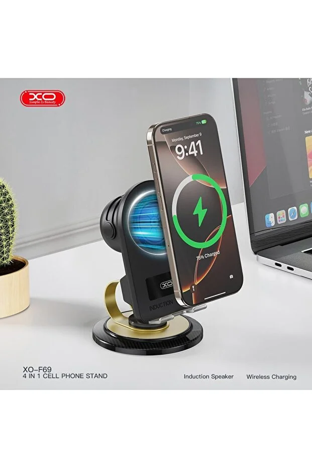 Xo-f69 4 İn 1 Cep Telefonu Standı - Bluetooth Hoparlör Ve Kablosuz Şarj Bir Arada Siyah