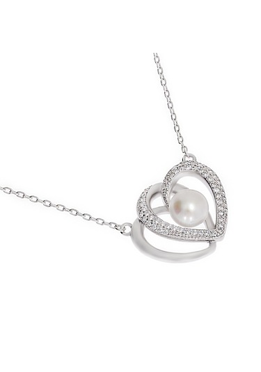 Kadın Kalp Model Taşlı Ve İnci Detay Gümüş Kolye Gümüş