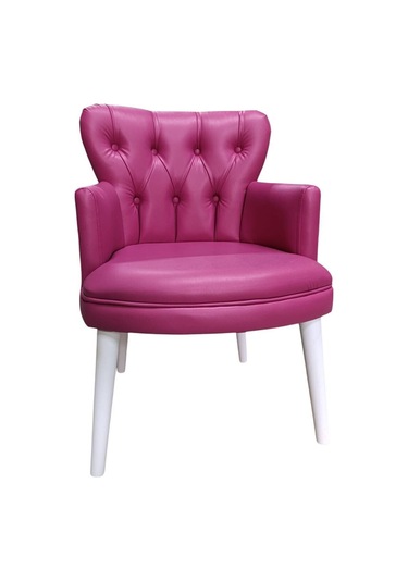 Tekli Fuşya Deri Beyaz Ahşap Ayaklı Ofis Koltuk Kafe Koltuğu Sandalye Berjer Fuşya