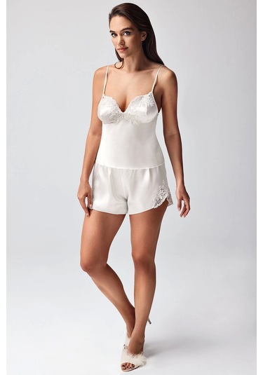 Freshness 9950-şt Saten Askılıı Şort Takımı Ekru