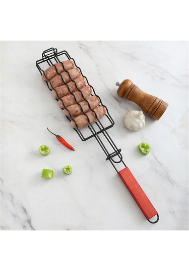 Fosenze Çelik Mangal Sosis Izgarası - Ayrılamabilir, Ahşap Kollü, 48.5x9cm, Mangal/fritöz Uygun, Sosis-hot Dog Pişirme Aleti Siyah