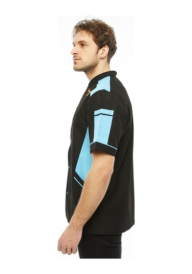 Uniprom Kısa Kollu Aşçı Ceketi Önlük Omuz Nakışlı Cepli Şef, Garson Siyah - Turkuaz