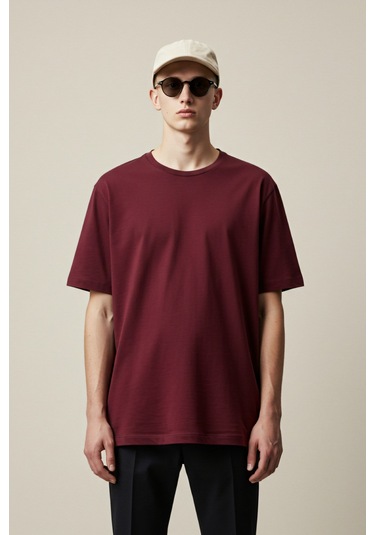 Erkek Oversize Basic Tişört Unisex %100 Pamuk Rahat Kalıp Erkek Tam Oversize Tişört Bordo