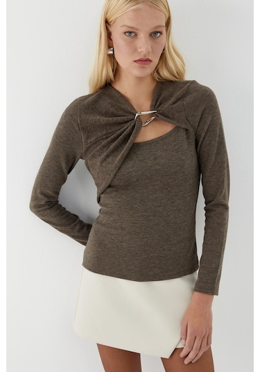 Yakası Halka Detaylı Bluz Kahverengi Kahverengi
