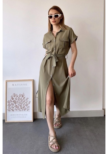 Kadın Haki Kısa Kol, Gömlek Yaka, Düz Desen, Çift Cepli, Aerobin Kumaş, Kuşaklı Maxi Elbise Haki