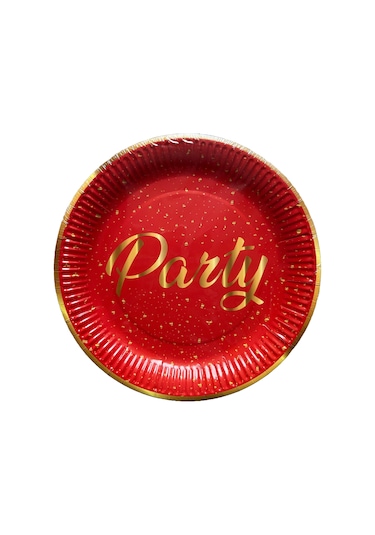 Roll-up Parti Doğum Günü Işıltılı Kırmızı Party Yazılı Karton Tabak - 22 Cm. - 8 Adetlik 10 Paket Kırmızı