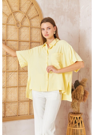 Kadın Sarı Bol Kesim Kısa Kollu Gömlek Dm9005 Sarı