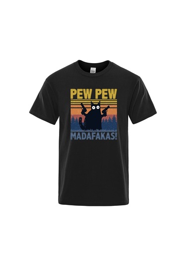 Teekossc Pew Pew Madafakas Erkek Kısa Kollu Komik Kedi T-shirt Vintage Yazlık Ekip Üstü Streetwear Chınablack Black